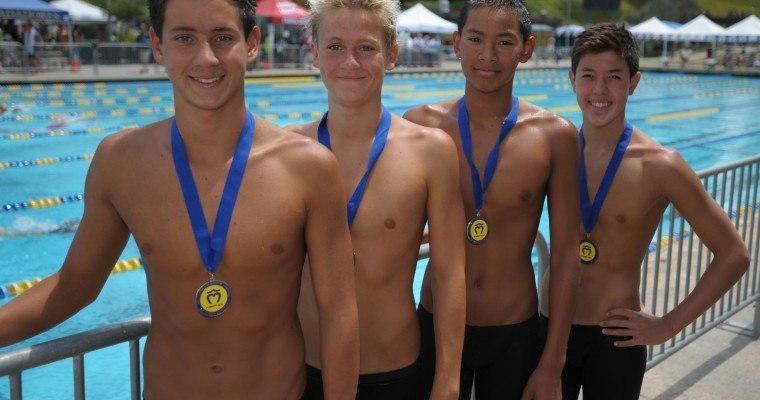 Hunter Hitchens, Andrew Koustik, Justin Nguyen, and Owen Kao after setting 2 NAGs at SCS Summer JOs held at MVN. Photo courtesy of Joe Davila