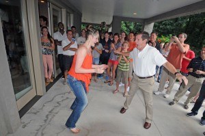 Missy Franklin and National Team Director, Frank Bousch, dancing at the 2012 US Olympic Training Camp