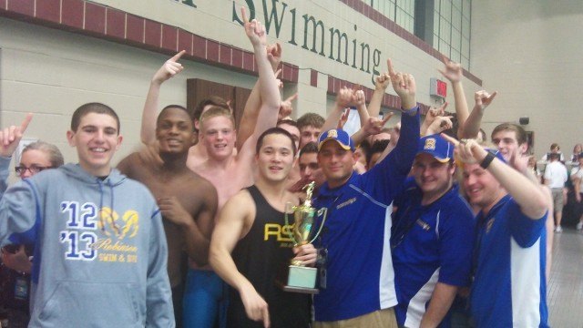 Robinson boys with championship trophy at the 2013 Virginia State Swim Meet
