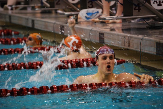 Texas A&M's John Wagner is one of three A&M men's swimmers who qualified for the 100 free B-Final, to go with Dalton in the A-final. The A&M sprint group remains strong. Credit: Janna Schulze