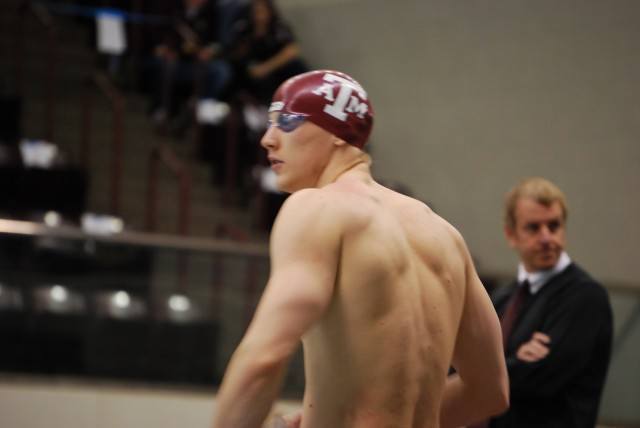 Texas A&M's Hendrik Lindau surprised a lot of people with his speed. That included finishing 4th in the 100 fly in 46.50. Credit: Janna Schulze