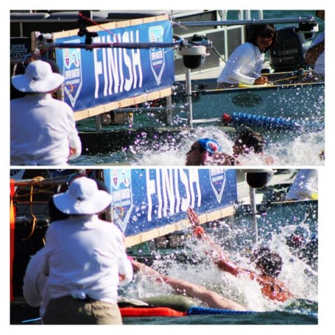USA Swimming Tweeted this picture of the finish. That's Joey Pedraza in the red wrist band, and Gemmell lunging at the bottom of the photo. It was THAT close. (Photo Courtesy: USA Swimming)