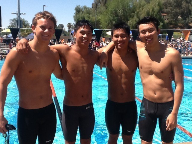 From R-L, Harrison Thai 23.56, senior Young Tae Seo 25.69, sophomore Edward Yi 22.97, senior Jacob Ksendzov 21.17 from the Crescenta Valley 200 medley relay. (Courtesy: Anne Lepesant)