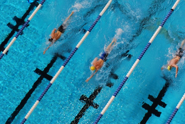 Conor Jaeger and Michael McBroom racing to first and second in the 800 freestyle at the 2013 World Championship Trials. (Photo Credit: Janna Schulze, swim swam.com)