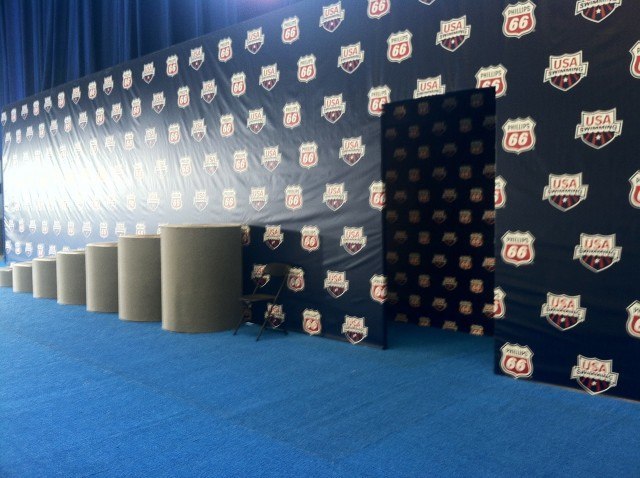 The door from which swimmers will emerge for event finals; this concept has become quite popular at FINA level events. (Photo: Tony Carroll)