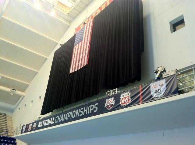 A black curtain has been hung on the opposite wall of the scoreboard behind the American flag. (Photo: Tony Carroll)