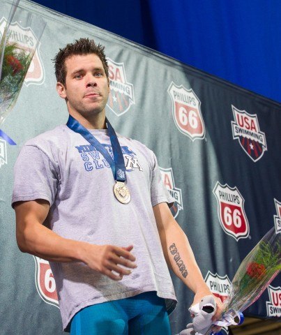 David Plummer, NYAC Athlete, adds another double for the mens world championship team after winning the 100 backstroke. (Courtesy of Tim Binning/theswimpictures)