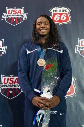 Simone Manuel, 16, finishes third with a time of 53.86 in the 100 freestyle at World Championship Trials.