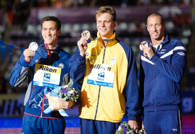 50 butterfly: Eugene Godsoe (silver), Cesar Cielo (gold), Fred Bousquet ( bronze) 2013 FINA World Championships (Photo Credit: Victor Puig, victorpuig.com)
