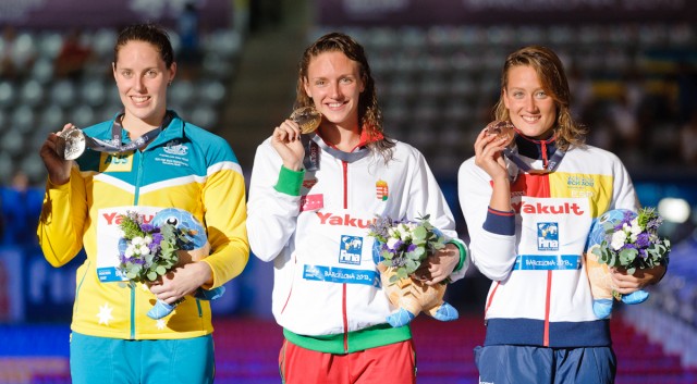 200 IM winners Alicia Coutts (AUS silver) Katinka Hosszu (HUN gold) Mireia Belmonte-Garcia (Spain Bronze) , 2013 FINA World Championships (Photo Credit: Victor Puig, victorpuig.com)