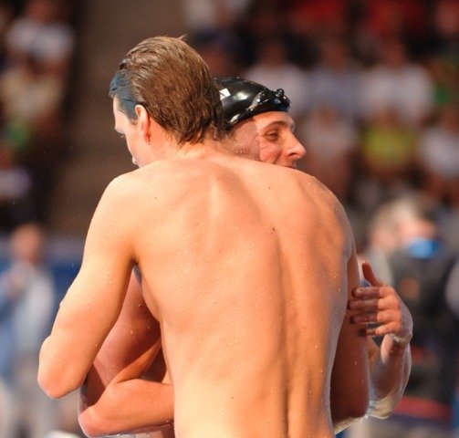 Ryan Lochte hugs Yannick Agnel, 200 freestyle winner, 2013 FINA World Championships in Barcelona, Spain (Photo Credit: Victor Puig, victorpuig.com)