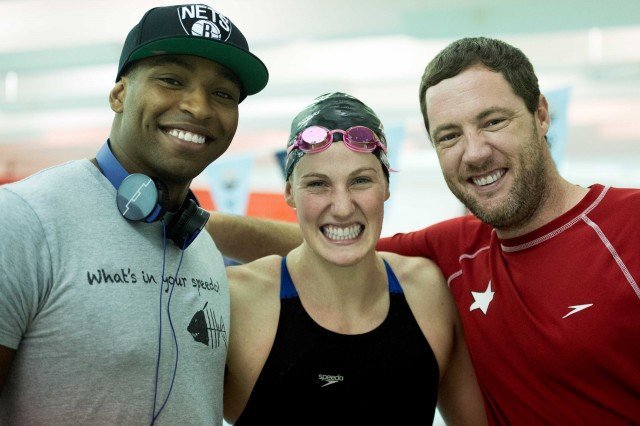 put fun first. Cullen Jones, Missy Franklin and Coach Todd Schmitz keep it light before Missy's 100 back. (photo: Mike Lewis, Ola Vista Photography)