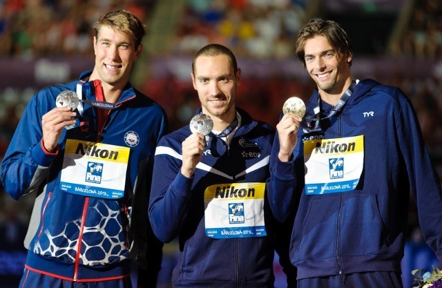 Matt Grevers, Jeremy Stravius, Camille LaCourt, men's 50 backstroke fina, 2013 FINA World Championships (Photo Credit: Victor Puig)