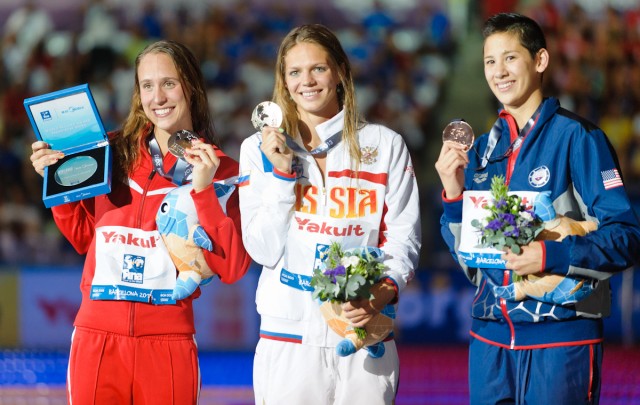 Rikke Moeller Pedersen, Yuliya Efimova, Micah Lawrence, 200 breaststroke winners, 2013 FINA World Championships (Photo Credit: Victor Puig)