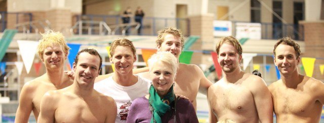 Brendan Hansen, Josh Davis (& his mother), Jimmy Feigen, Ian Crocker & Aaron Peirsol at the Fastest Man in Texas Shootout (Image courtesy of MOO BOCS)