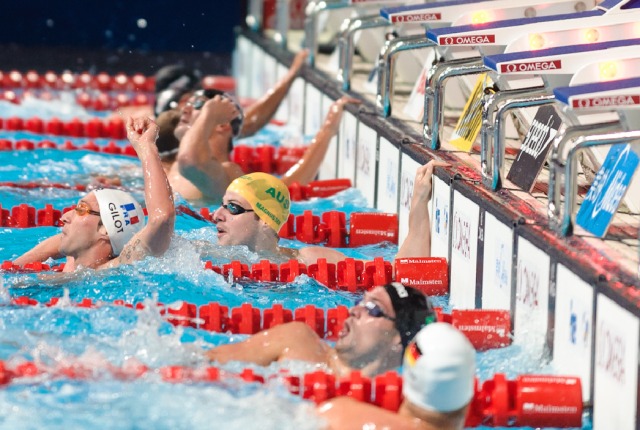James Magnussen (AUS), Nathan Adrian (US), Fabien Gilot (FRA) anchor their team's 4x100 medley relay final, 2013 FINA World Championships (Photo Credit: Victor Puig)