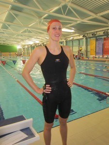 Welsh backstroker, Georgia Davies, tests the first prototype of the suit, nero14, at the Welsh National Pool in Swansea (Courtesy of blueseventy)