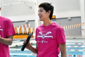 Micah Lawrence, 2013 World Championships medalist at the Breast for Breasts Swimming Clinic (courtesy of TNAQ photo by Lynn Freeny)