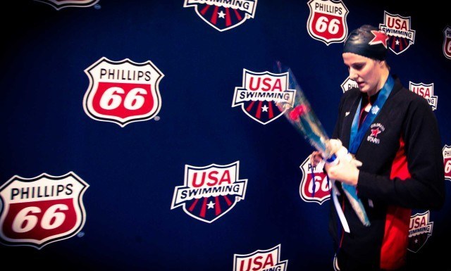 Missy Franklin several times atop the podium in Indy (photo: Mike Lewis, Ola Vista Photography)