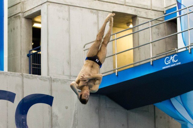 Nick McCrory of Duke dives in the 3 Meter competition, 2014 ACC Championships (courtesy of Tim Binning/theswimpictures)