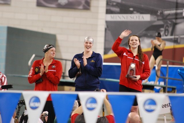 Brittany MacLean (right) beat Missy Franklin (center) and Amber McDermott (left) celebrate what was the best 500 free race in women's NCAA history.(Photo Courtesy: Janna Schulze)
