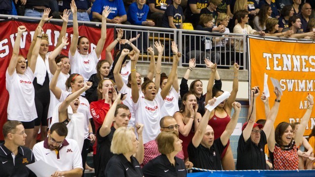 The Georgia bench cheers on their teammates in the final heet of the 1650 - Georgia Bulldogs, 2014 Women's NCAA DI Swimming & Diving Championships (courtesy of Tim Binning, the swim pictures)