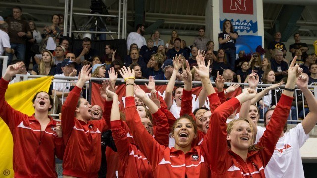 Georgia begins the celebration as the 400 free relay anchor swimmer brings the race home. 2014 Women's NCAA DI Swimming & Diving Championships (courtesy of Tim Binning, the swim pictures)