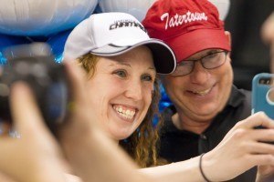 Georgia Senior Shannon Vreeland and Sr. Associate Head Coach Harvey Humphries take a selfie to commemorate their 2014 victory and a stellar college career at the 2014 Women's NCAA DI Championships (courtesy of Tim Binning)