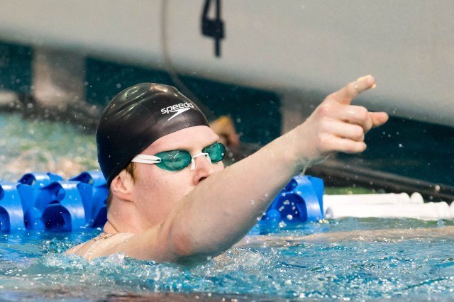 Indiana Senior James Wells wins the 100 backstroke 'B' final in 45.90 at the 2014 NCAA Division I Swimming and Diving Championships. (courtesy of Tim Binning, theswimpictues)