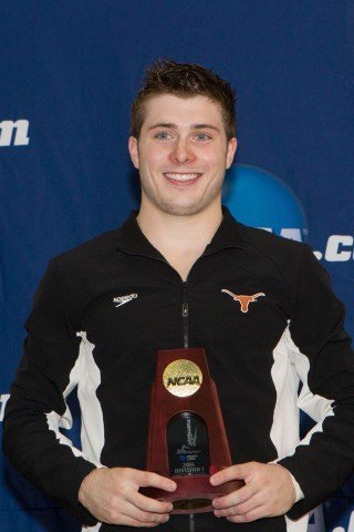 Texas Freshman Michael Hixon wins his second diving event, the 3-meter, adding valuable points to the team's overall score at the 2014 NCAA Division I Swimming and Diving Championships. (courtesy of Tim Binning, theswimpictues)