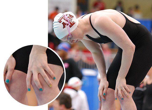 Claire Brandt, Texas A&M, flashes a shiny gold party nail against contrasting turquoise. (Courtesy: Janna Schulze)