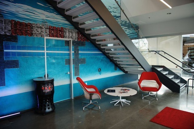 Pool themed walls = A swimmer’s paradise!. TYR Sport Global Headquarters, Huntington Beach, CA (courtesy of TYR Sport)