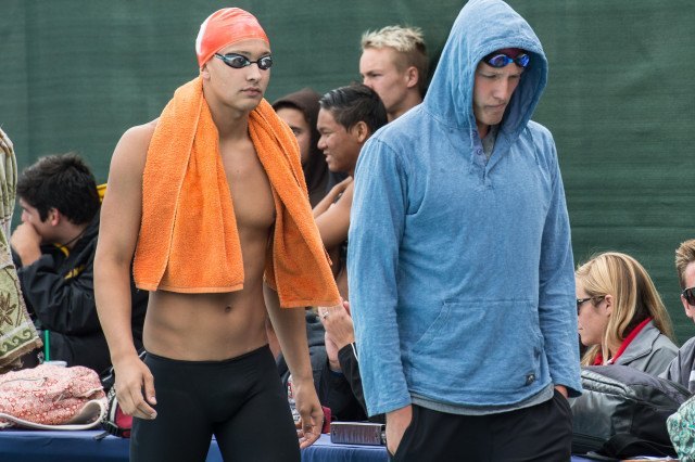 Point Loma High School's Jason O'Brien and Vahalla's Michael Salazar to the blocks for the 200 free finals (photo: Mike Lewis, Ola Vista Photography)