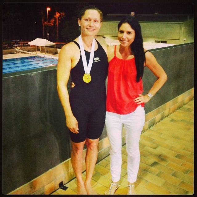 Lorna Tonks, 100m Breaststroke Winner, with Michelle Graham at Australia’s 2014 Swimming Championships