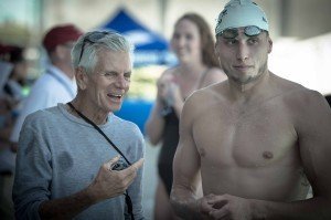 Coach Jack Roach and Michael McBroom before the men's 800 (photo: Mike Lewis, Ola Vista Photography)
