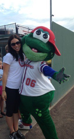 Kate Ziegler and Greenville Drive Mascot - Swimmers night at the baseball game - Fitter and Faster Swim Tour Greenville, SC Clinic