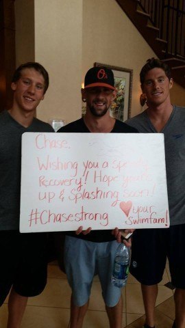 Chase Kalisz, Michael Phelps, and Conor Dwyer are #ChaseStrong (Photo Courtesy of The Smith Family and the #ChaseStrong Facebook Group)