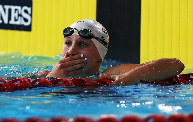 20-year old Corrie Scott aghast at her bronze medal swim in the 50 breaststroke. (courtesy: Ian MacNicol/Scottish Swimming)