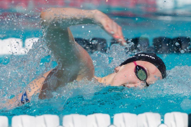 Amy Bilquist from the Carmel Swim Club in Indiana was the only swimmer under 55. The lengthy sprinter was a 54.88 for the top seed. (Courtesy: Tim Binning/TheSwimPictures.com)