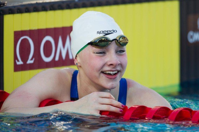 14-year old Emma Cain swam a 1:10.89 to win the B Final of the women's 100 breaststroke.