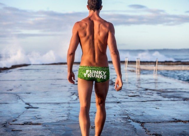 Image text: A print from the new Funky Trunks range that will give you plenty to talk about is Match Point. Need we say more?