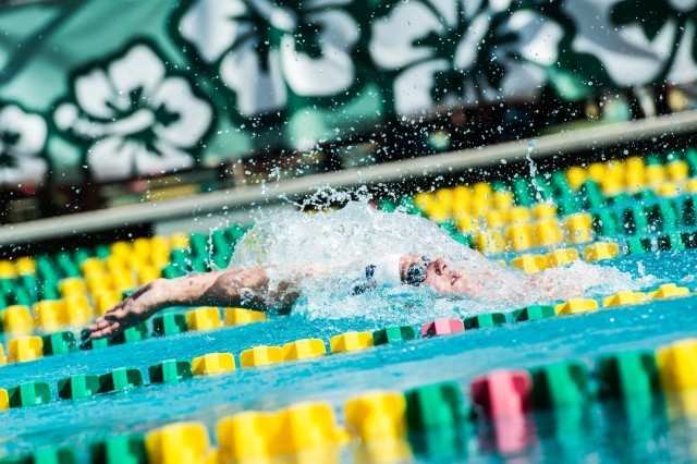 Andrew Selsikar on the backstroke leg of the men's 200 IM (photo: Mike Lewis, Ola Vista Photography)