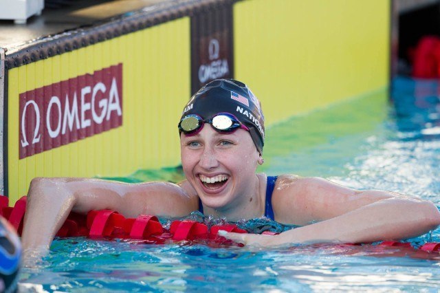 Amy Bilquist was the star of the night on Thursday; not only did she rock the 100 free to the #6 time in the U.S. this year, she was also on Carmel's National Age Group Record breaking 400 free relay. (Courtesy: Tim Binning/TheSwimPictures.com)