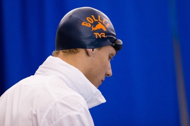 King shark Caeleb Dressel from Bolles will be a Gator in less than a month, but the memories he left as a shark (first 18 & under better than 19 seconds in the 50 yard free) won't soon be forgotten. (Courtesy: Tim Binning/TheSwimPictures.com)