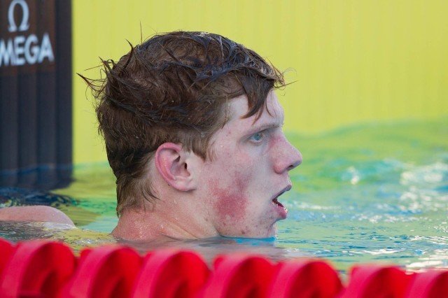 Townley Haas, meanwhile, just missed his lifetime best and Meet Record by .02 seconds - a 3:52.01 - to win his second-straight 400 free at Junior Nationals. (Courtesy: Tim Binning/TheSwimPictures.com)