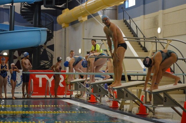 Robert Margalis gets ready to race swimmers from the blocks - Fitter and Faster Swim Tour presented by SwimOutlet.com.