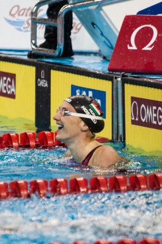 Hugnary's Katinka Hosszu celebrates a new World Cup Record in the 200 free on Wednesday: 1:51.84. Courtesy: FINA Mastbank World Cup - Doha