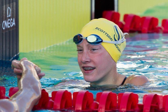 14-Year Old Taylor Ruck had quite a night. She began with a win in the C-Final of the women's 200 back. (Courtesy: Tim Binning/TheSwimPictures.com)
