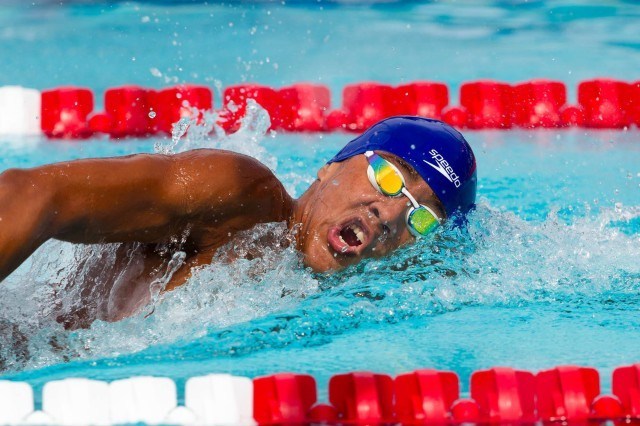 Leonardo Sanchez runs with the Desert Sharks Swim Team in El Paso, Texas. That's what we call "irony". (Courtesy: Tim Binning/TheSwimPictures.com)