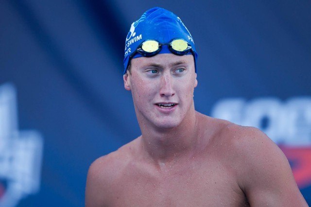 Grant Schenk split a very good 1:56.99/1:59.02 en route to a 3:56.01 to win the B-Final of the boys' 400 free on Friday night. (Courtesy: Tim Binning/TheSwimPictures.com)